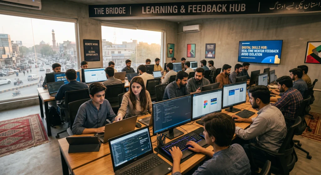 a classroom or interactive lab environment where students receive direct mentor guidance