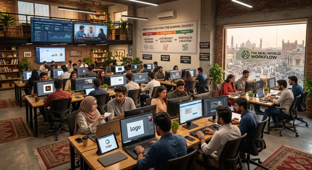 a practical workspace showing a laptop with live freelancing and digital design tools