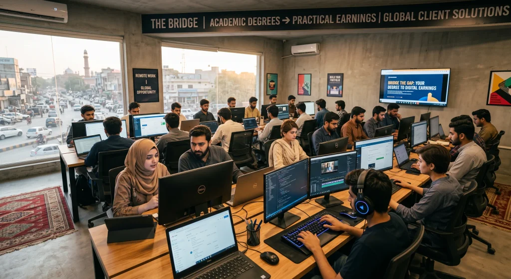 a thoughtful young pakistani graduate reflecting on career pathways and digital work
