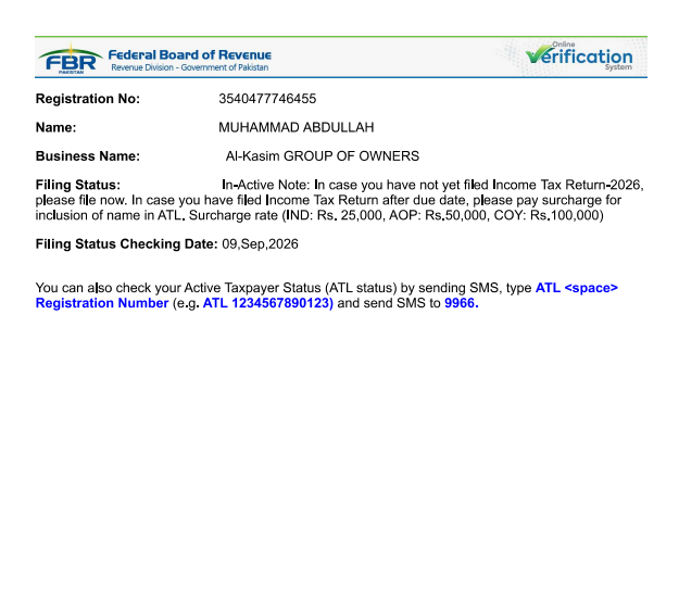 Official FBR Registration Certificate - AL-KASIM I.T CENTER