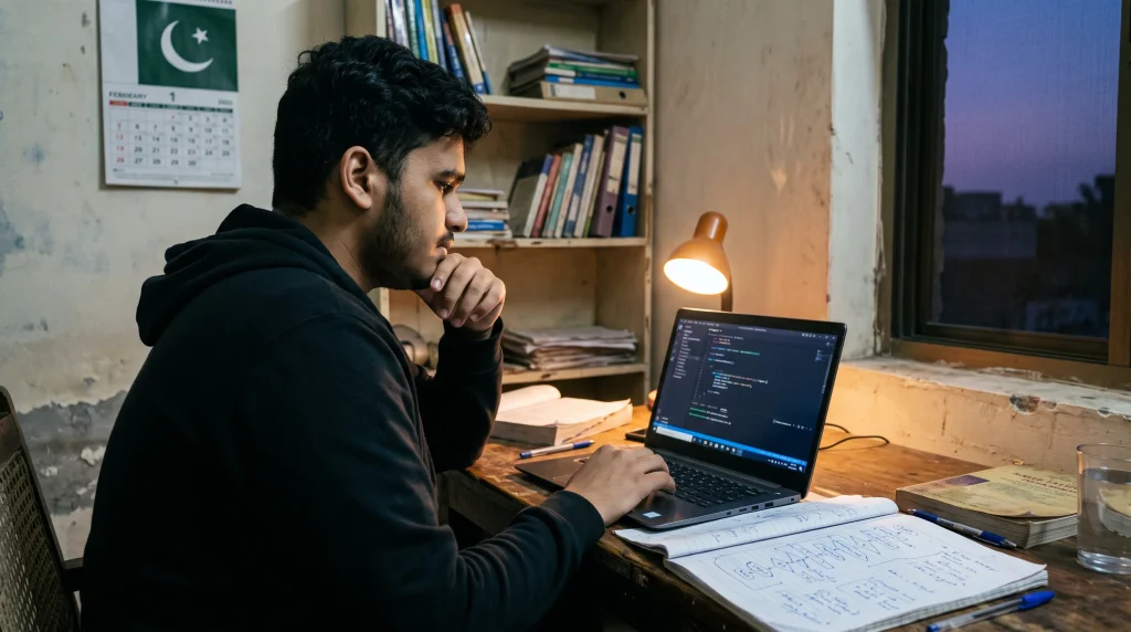 a young programmer in sheikhupura studying software programming fundamentals and system logic
