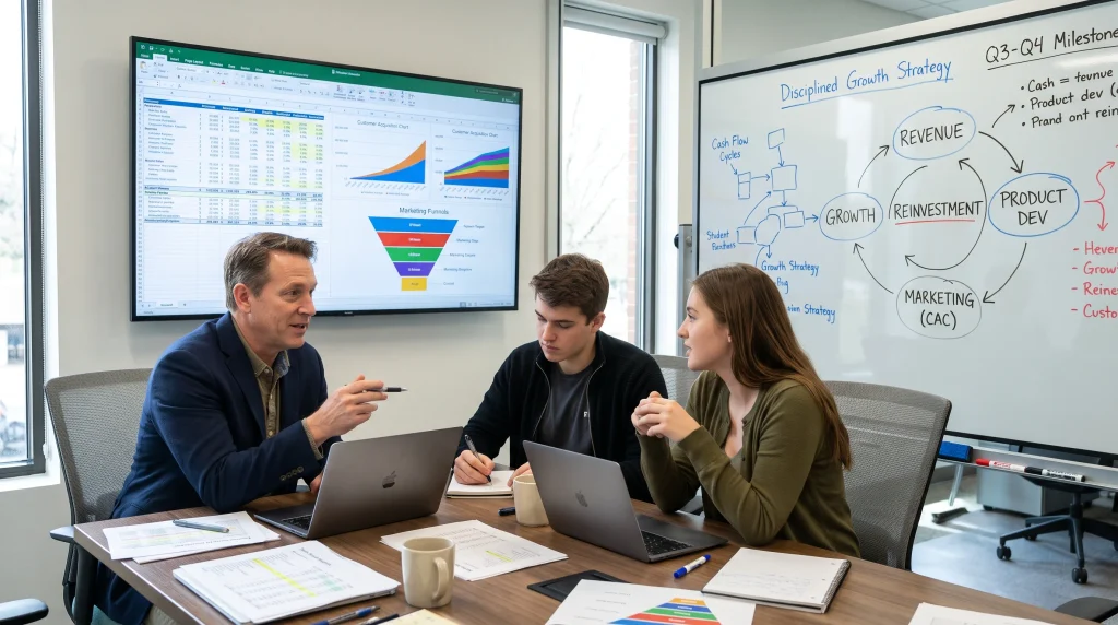 abdullah butt conducting a commercial strategy and financial growth review session with student founders
