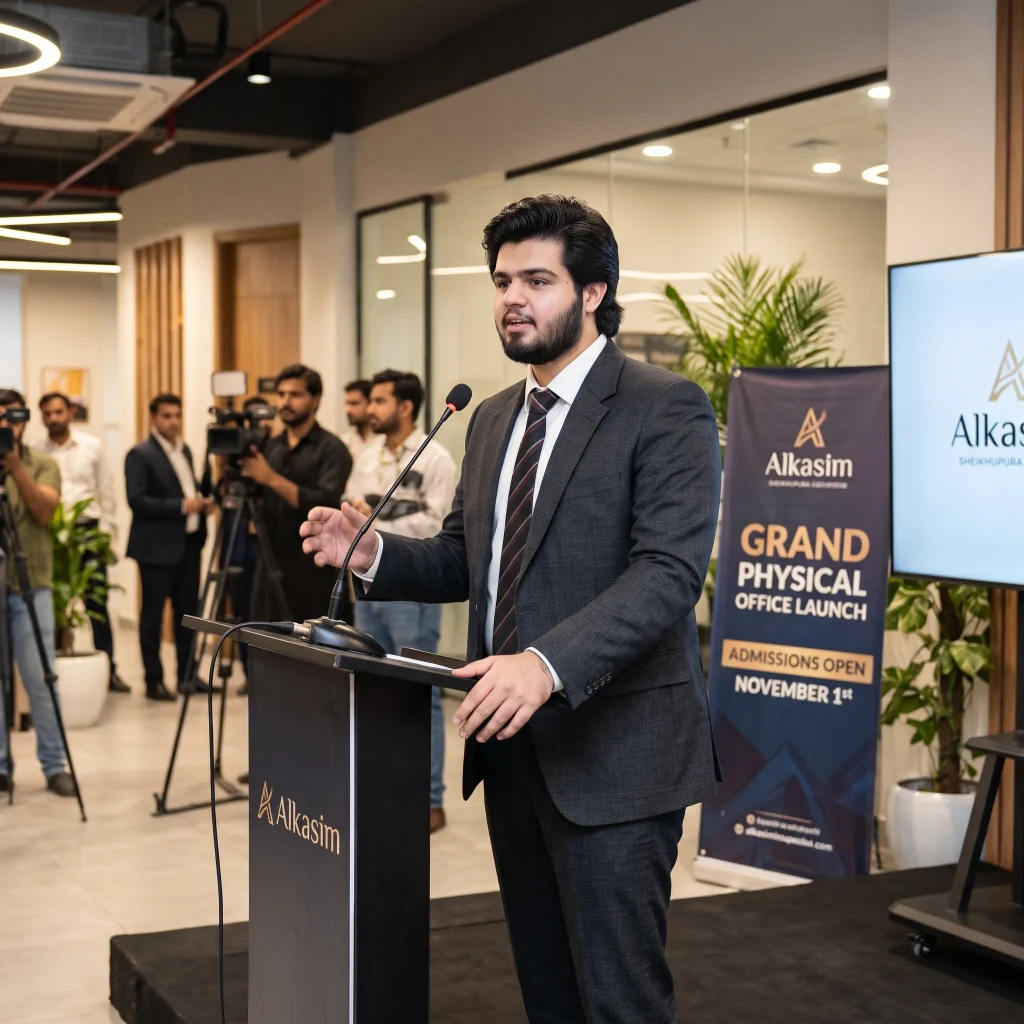 abdullah butt delivering the official announcement regarding alkasim physical office launch and 1st november admission opening in sheikhupura
