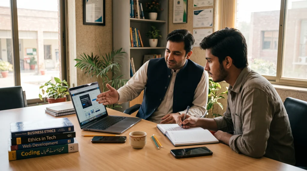 abdullah butt providing one on one counseling and mentorship to a student at alkasim