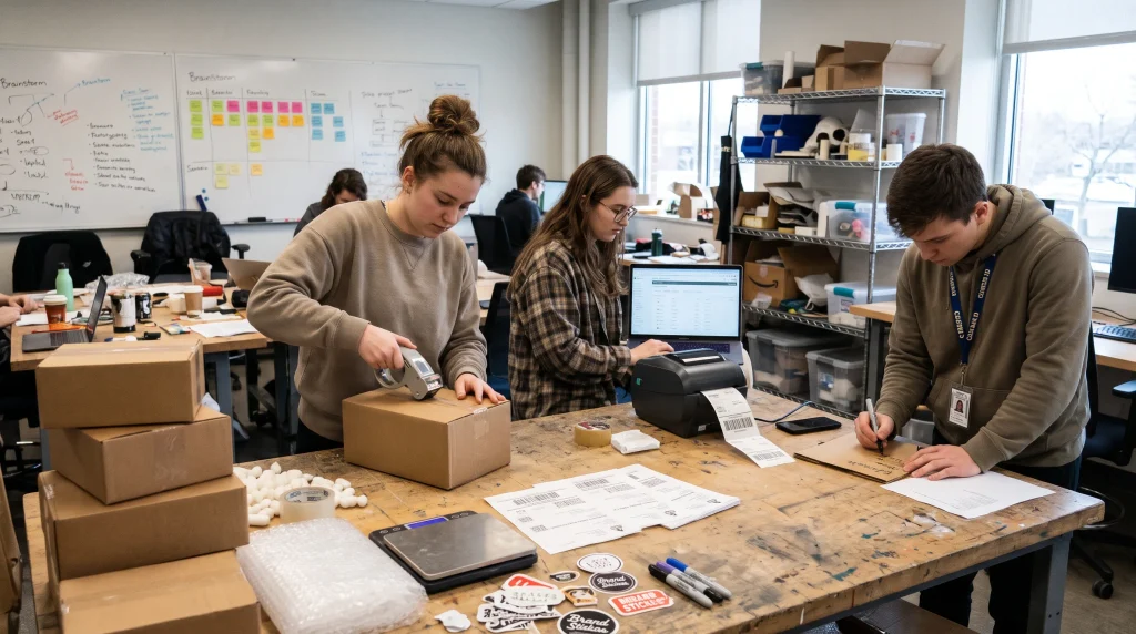 authentic photograph of young student entrepreneurs managing e commerce product packaging and logistics tracking in an incubation studio