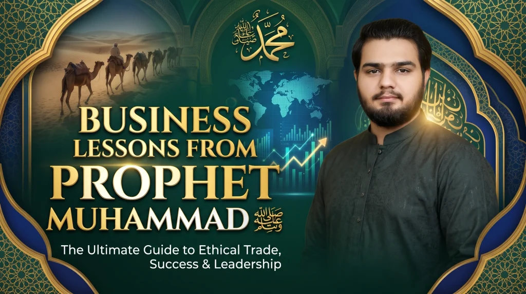 business lessons from prophet muhammad ﷺ banner featuring ethical trade, leadership, and financial growth elements