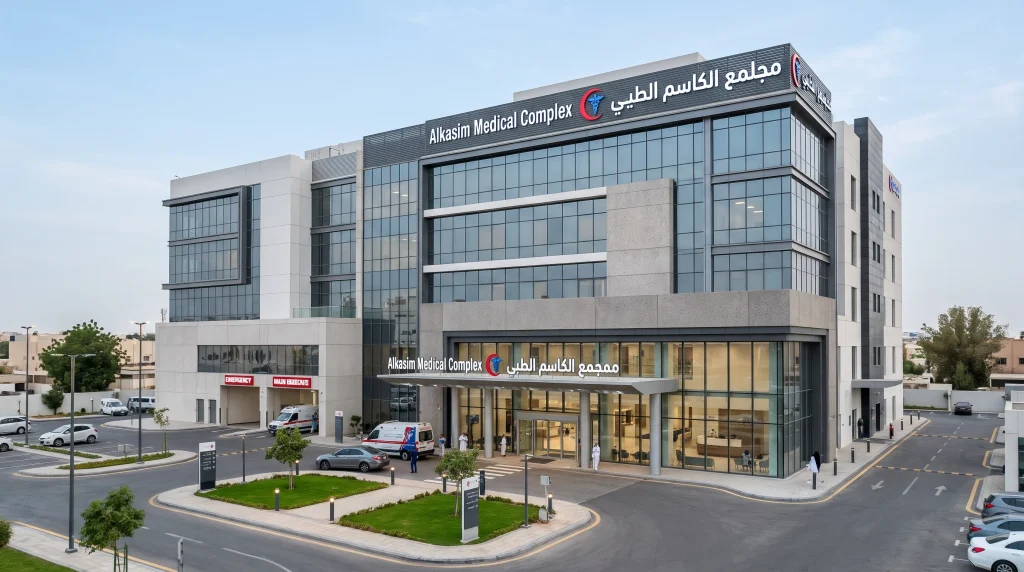 commercial architectural photograph of the modern alkasim medical complex healthcare facility exterior in punjab, pakistan