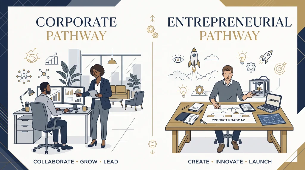 Best BBA Lecturer in Sheikhupura: Practical Business Education, Islamic Trade Principles, and Career Pathways at Alkasim conceptual diagram illustrating the differences between employment and entrepreneurship