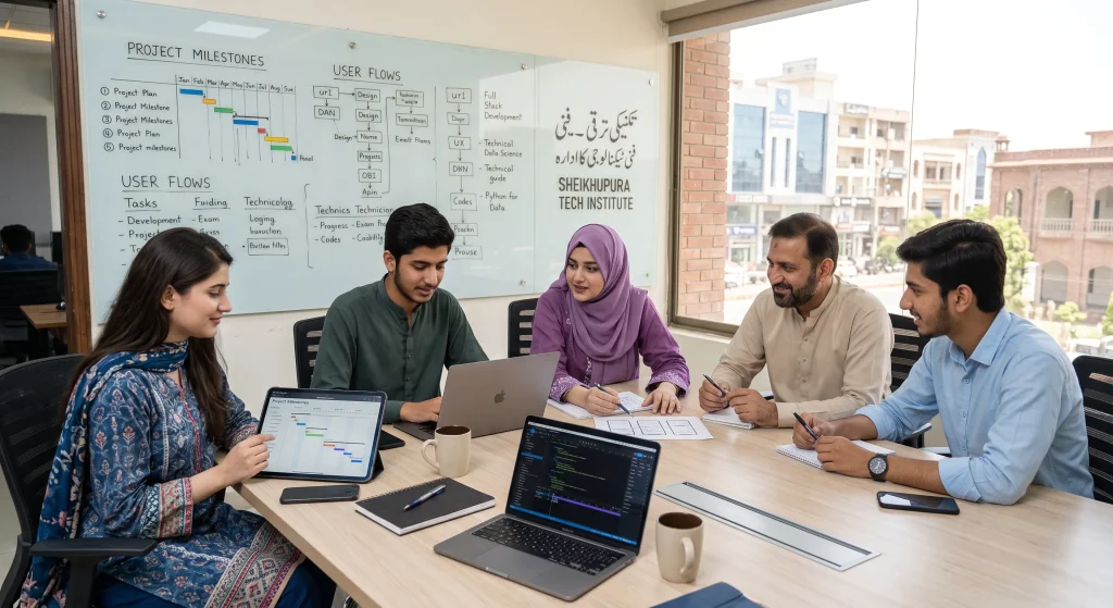 digital marketing and it interns collaborating on client projects in a sheikhupura it office