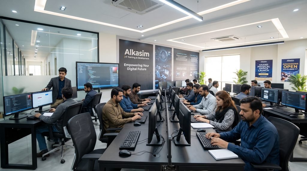 modern computer laboratory workstation setup anticipated for alkasim physical classes in sheikhupura.