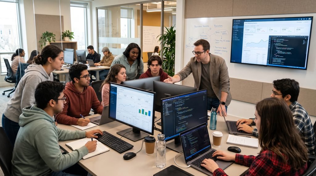 professional documentary photograph of pakistani students and a mentor analyzing live digital marketing dashboards and code in a modern lab.