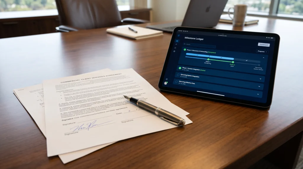 realistic executive photograph of an executed commercial client services contract and digital milestone ledger on an executive desk