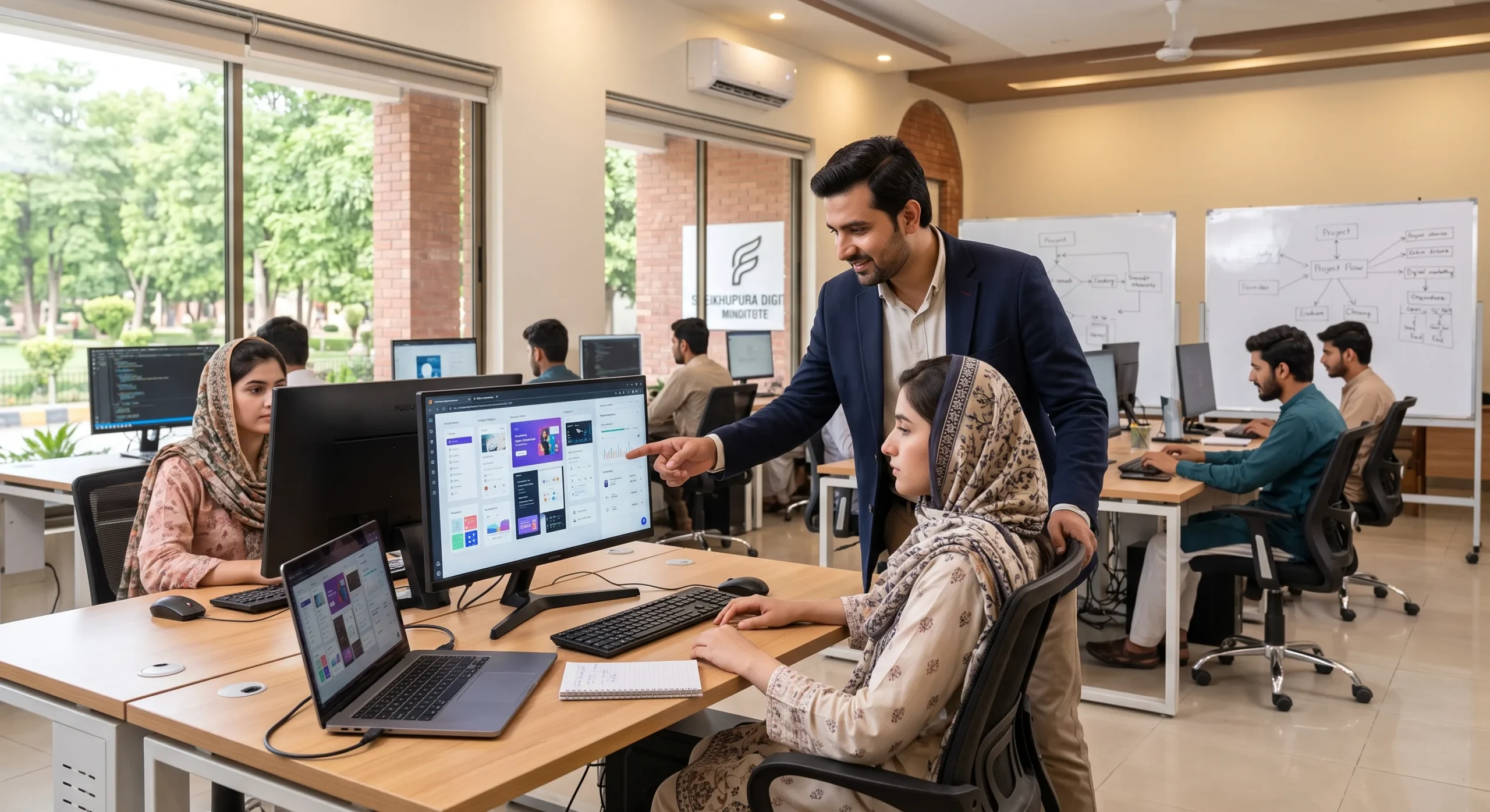 students and instructor collaborating on practical digital skills inside an it institute computer lab in sheikhupura