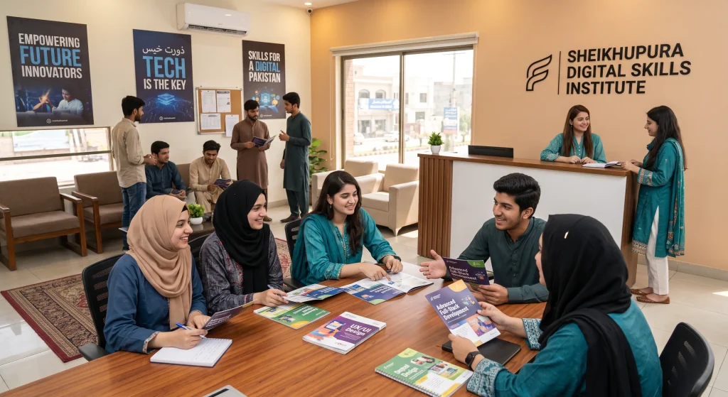 students discussing digital skills training and career pathways in an it institute lounge