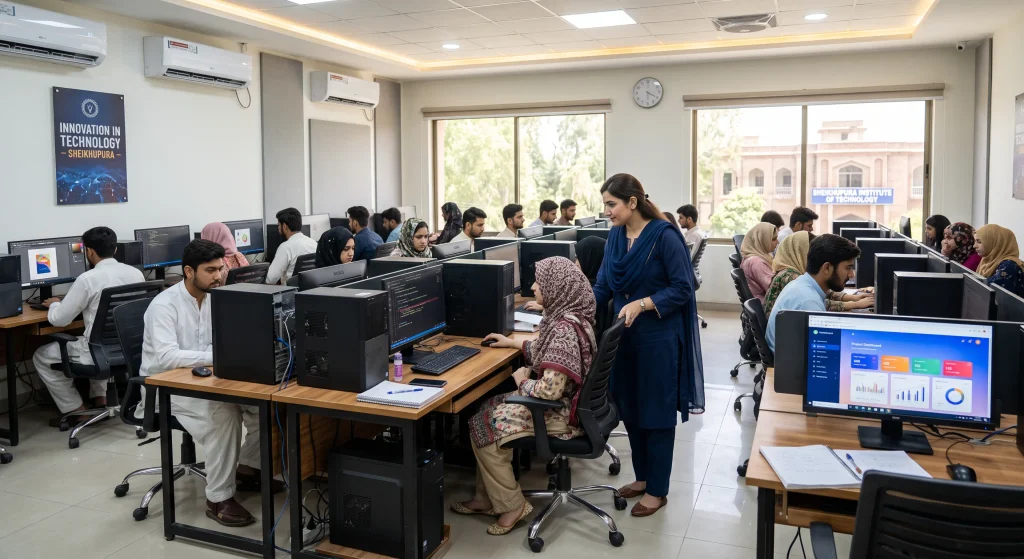 students learning digital skills inside a modern computer training lab at an it institute in sheikhupura