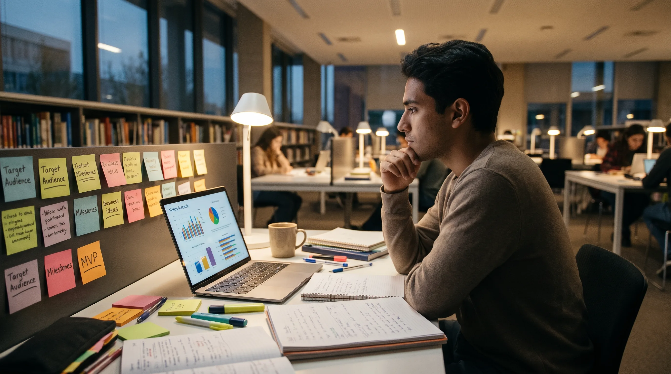 university student evaluating startup business opportunities and capital planning on a laptop in a study environment