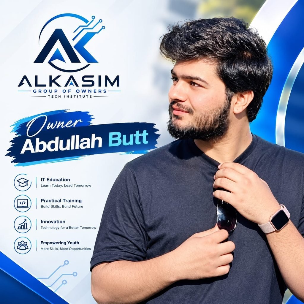 Abdullah Butt's IT education banner showcasing Alkasim collaborations with KIPS College, Arslan Academy, and Wings Academy.