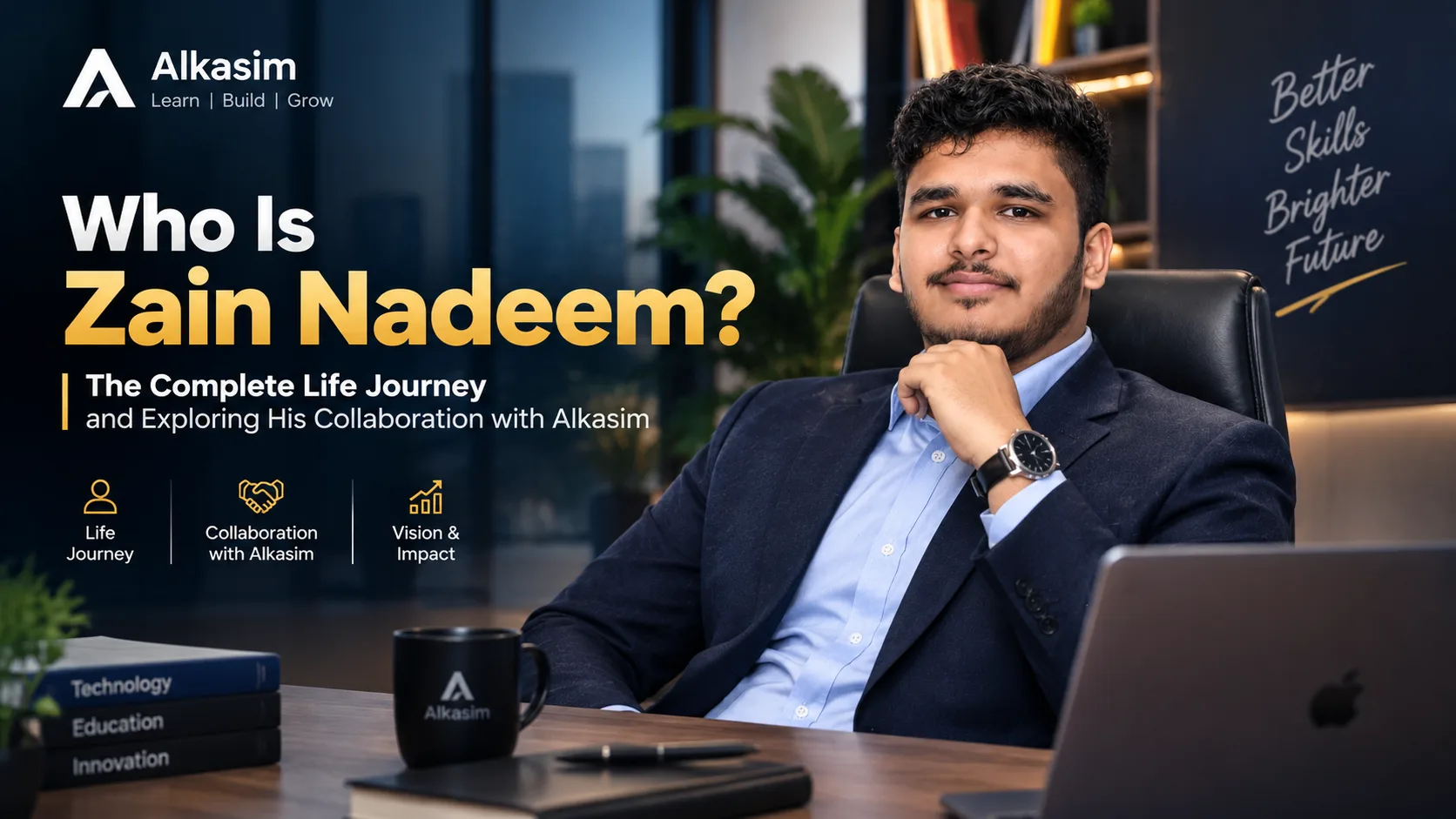 who is zain nadeem the complete life journey and his collaboration with alkasim, featuring a professional portrait in a navy suit