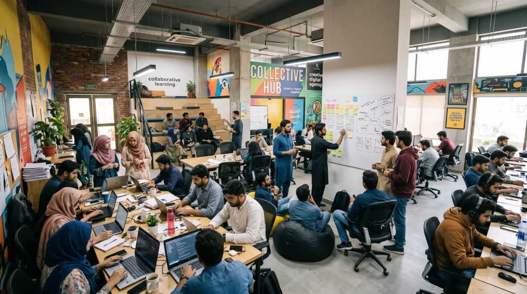 wide angle realistic photograph of an active open plan digital agency and collaborative learning workspace in pakistan