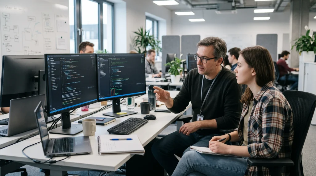 workplace photograph of a senior software engineer and apprentice conducting a live code review on enterprise monitors
