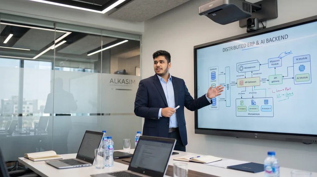 zain nadeem, principal software engineer at alkasim, presenting distributed backend architecture and erp system designs
