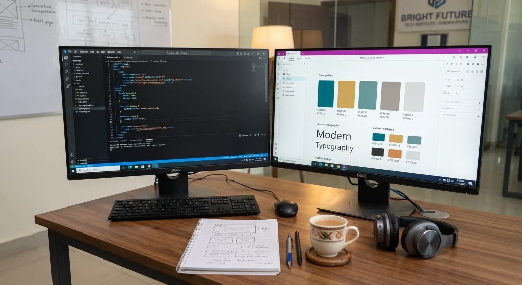 compressed dual screen digital workspace showing web development and graphic design workflows at alkasim