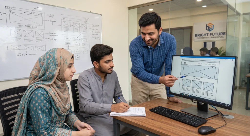 compressed instructor mentoring students on practical digital projects at alkasim sheikhupura